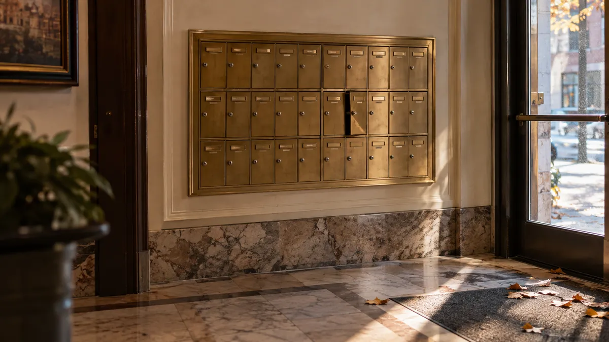 Brass condo mailboxes in a Philadelphia building lobby, lit by low October afternoon sun through the front door glass