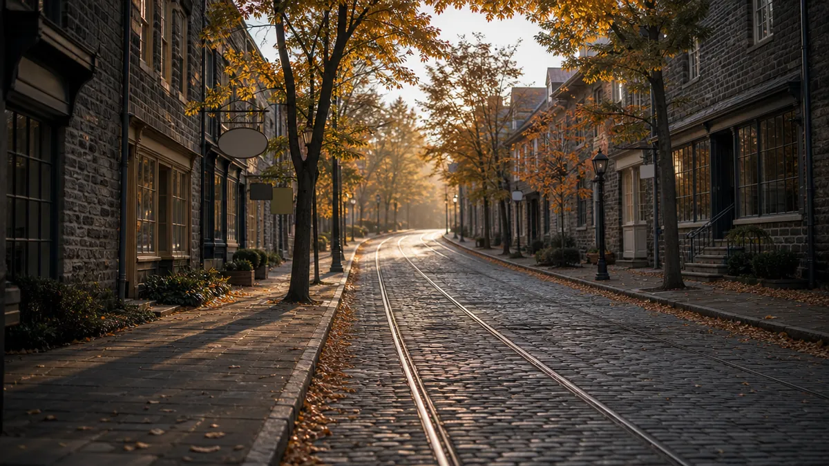 Cobblestone Germantown Avenue with trolley rails and stone shopfronts under orange fall trees in Chestnut Hill, early October morning