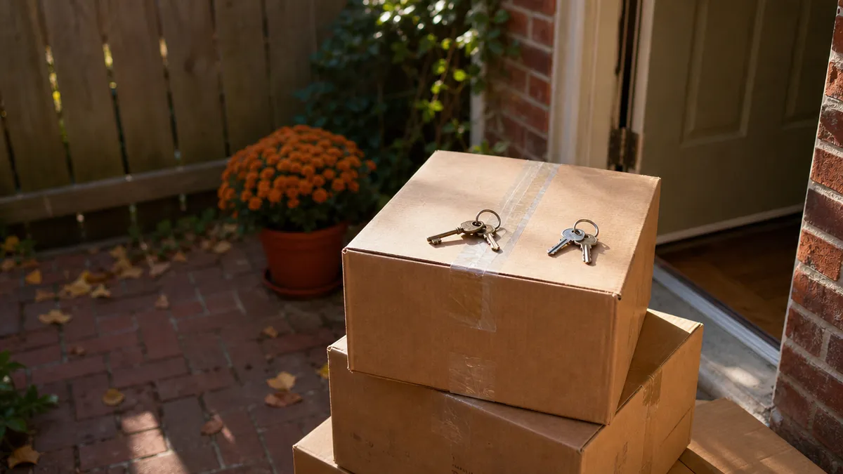 Moving boxes and keys outside a home entrance.
