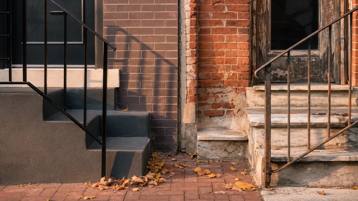 Two adjoining Philadelphia row home stoops side by side, one renovated with gray steps and a black railing, one with worn marble steps and a rusted railing, in late October sun