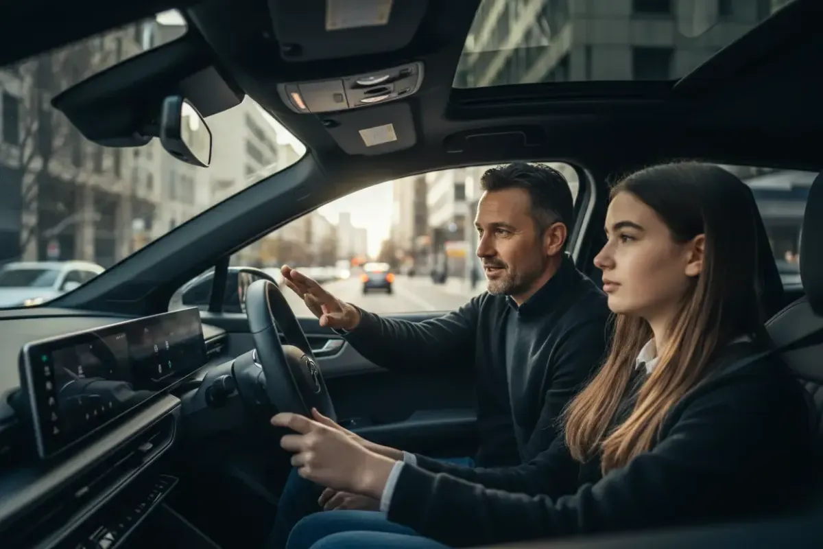 Driving instructor standing beside a compact instructor vehicle on a tree-lined suburban street at golden hour.