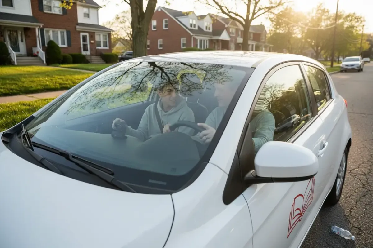 Instructor and teen student inside a compact teaching car parked on a suburban Paterson street during a driving lesson.