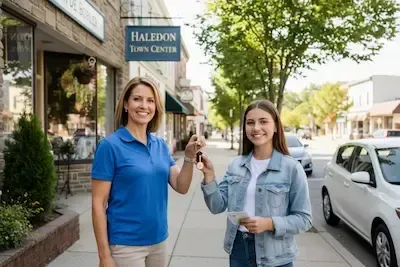 Smiling driving instructor handing keys to a happy teen near Haledon town center.