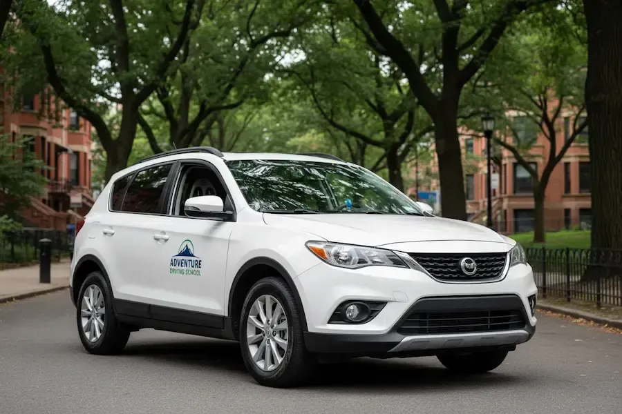 Adventure Driving School dual-control training car parked on a quiet Prospect Park street.