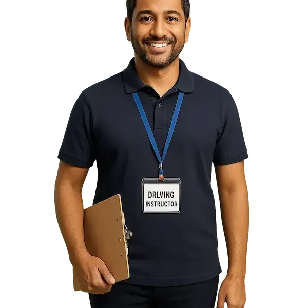 Smiling driving instructor in a navy polo shirt, standing and facing the camera.