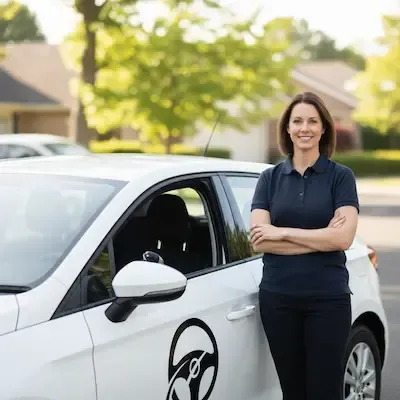 Confident female driving instructor standing beside a branded training car.