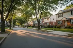 Dumont, NJ residential streetscape at golden hour showing a safe neighborhood driving route near homes and a local park.
