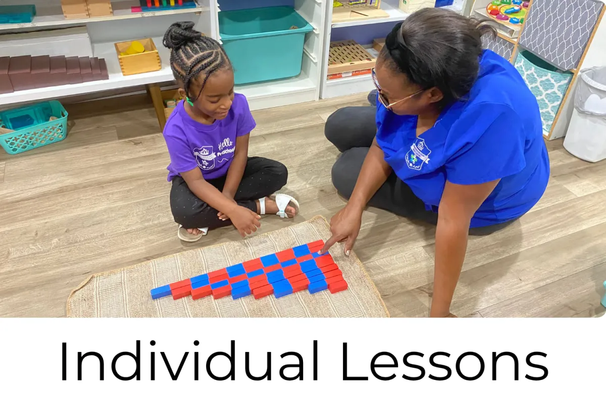 Montessori teacher giving a one-on-one math lesson with number rods to a preschool child