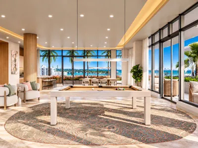 Club Room de NoBe PARC en Miami Beach, Florida, con mesa de billar, elegantes áreas sociales, ventanales panorámicos y vistas a la bahía.