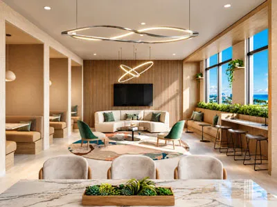 Espacio de coworking de NoBe PARC en Miami Beach, Florida, con áreas de trabajo compartidas, salas de reuniones, diseño moderno y ventanales con vistas panorámicas.