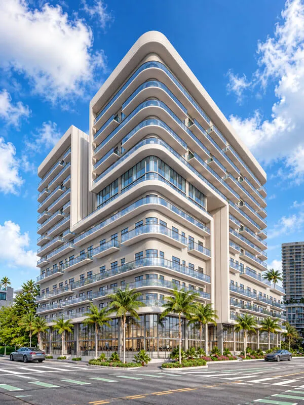 Vista exterior de NoBe PARC, moderno desarrollo residencial de lujo en Miami Beach, Florida, con arquitectura contemporánea, balcones de vidrio y diseño elegante.
