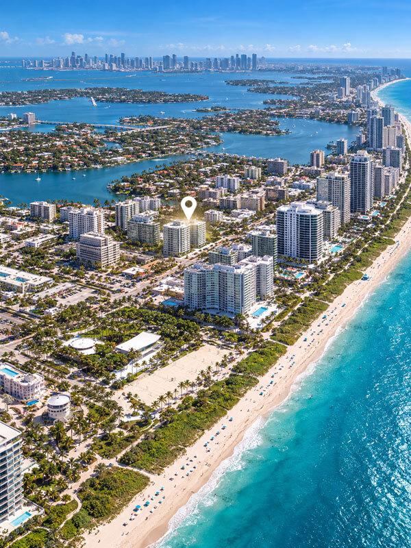 Vista aérea de la ubicación de NoBe PARC en North Beach, Miami Beach, cerca de la playa y puntos de interés