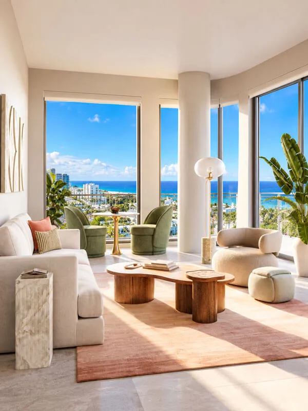 Interior de residencia de lujo en NoBe PARC, Miami Beach, con sala de estar moderna, ventanales panorámicos, diseño contemporáneo y vistas al océano Atlántico.