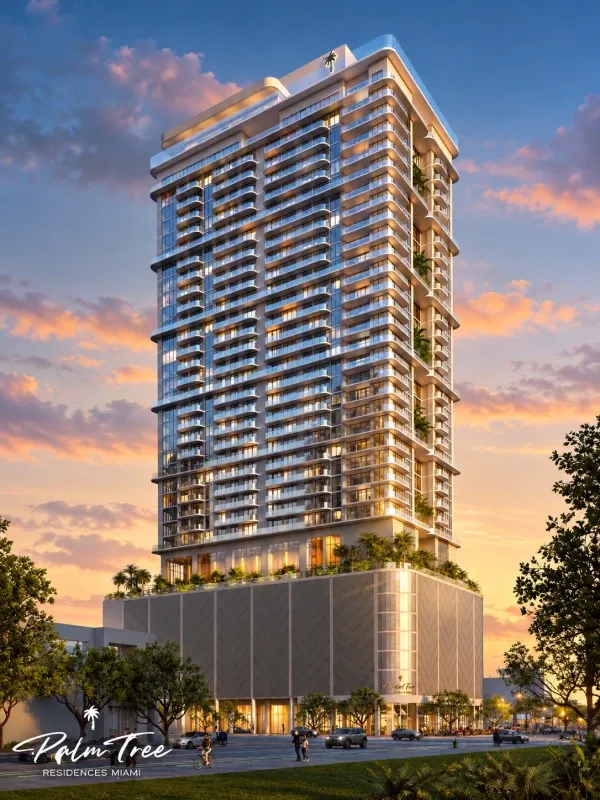 Vista exterior de Palm Tree Residences Miami, moderno edificio de condominios de lujo con balcones panorámicos, arquitectura contemporánea y diseño exclusivo en Miami.