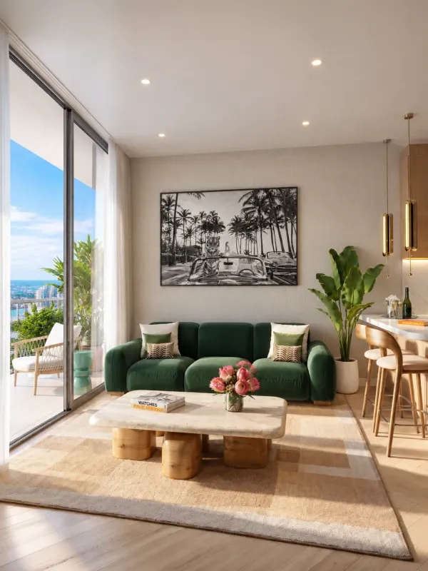 Interior de una residencia en Palm Tree Residences Miami con sala de estar moderna, sofá verde esmeralda, cocina de concepto abierto y balcón con vistas panorámicas.