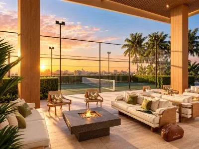 Cancha de pádel y terraza de lujo en Palm Tree Residences Miami, con sofás, área de descanso, fogata decorativa y vistas panorámicas de la ciudad.
