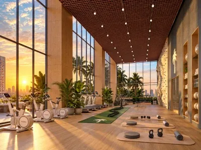 Moderno gimnasio de Palm Tree Residences Miami con máquinas de cardio, área de entrenamiento funcional, muro de escalada y ventanales panorámicos con vistas a Miami.