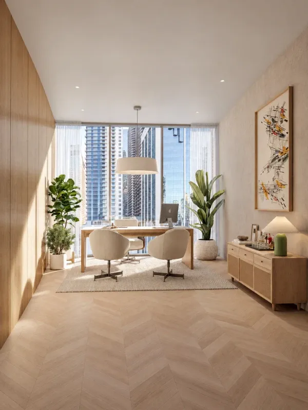 Render de oficina privada de lujo en One Twenty Brickell Signature Residences, Miami, con diseño moderno, acabados en madera, ventanales panorámicos y vistas a los rascacielos de Brickell.