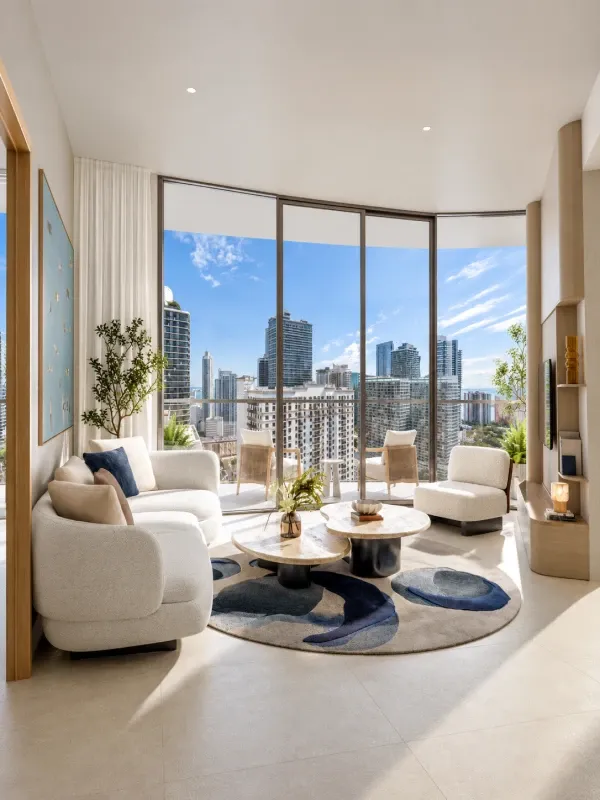 Render de sala de estar de lujo en One Twenty Brickell Signature Residences, Miami, con diseño moderno, ventanales de piso a techo, balcón privado y vistas panorámicas a los rascacielos de Brickell.