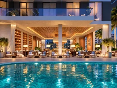 Render del Signature Club en One Twenty Brickell Signature Residences, Miami, con piscina de lujo, lounge exclusivo, bar, áreas de descanso y elegante iluminación nocturna.