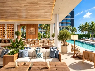 Render del Signature Club en One Twenty Brickell Signature Residences, Miami, con lounge de lujo, sofás elegantes, terraza cubierta, piscina y áreas de descanso rodeadas de palmeras.