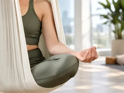 Mujer practicando yoga aéreo y meditación en una hamaca de tela, en un ambiente de bienestar y relajación inspirado en One Twenty Brickell Signature Residences, Miami.