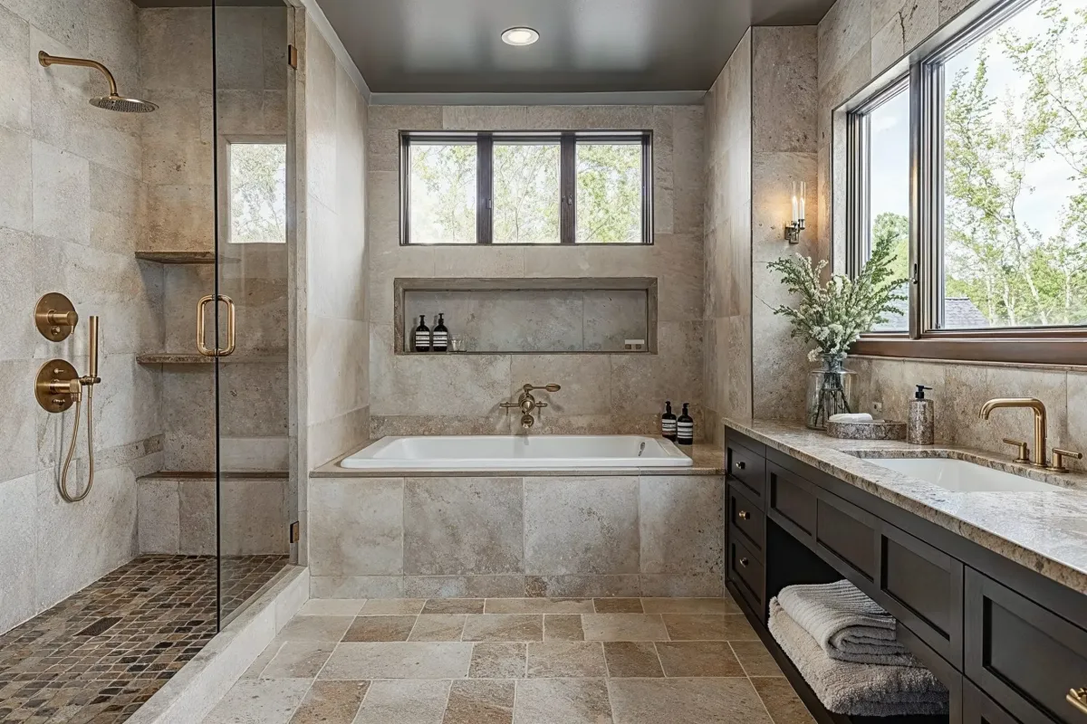 Renovated Myrtle Beach bathroom with modern design, marble tiles, walk-in shower, freestanding bathtub, and coastal decor