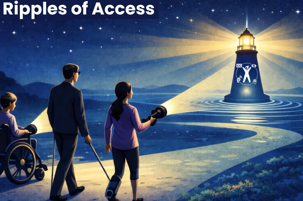 Ripples of Access in blue text, a division of Ripple Effect Accessibility Consulting LLC in blank ink displayed above a person surrounded by symbols representing digital accessibility, including captions, vision, hearing, and touch interaction, standing on concentric blue water ripples. Below the image in black text is Every Ripple of Access begins with one small change.