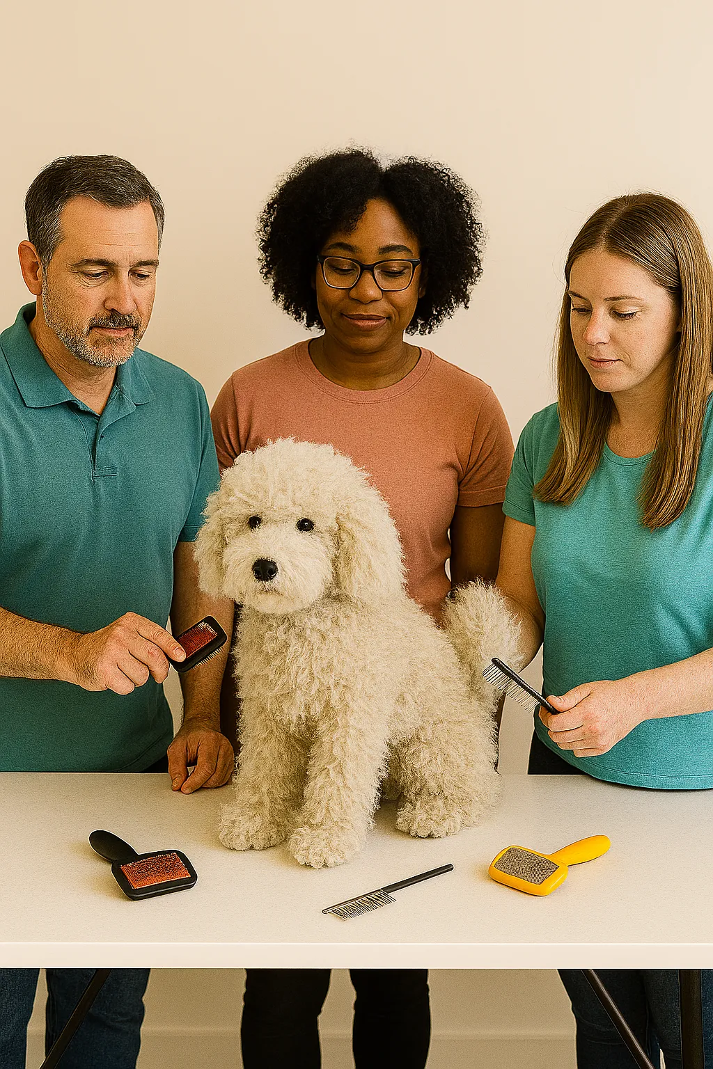 Workshop participants practicing gentle dematting on a curly-coated dog model.