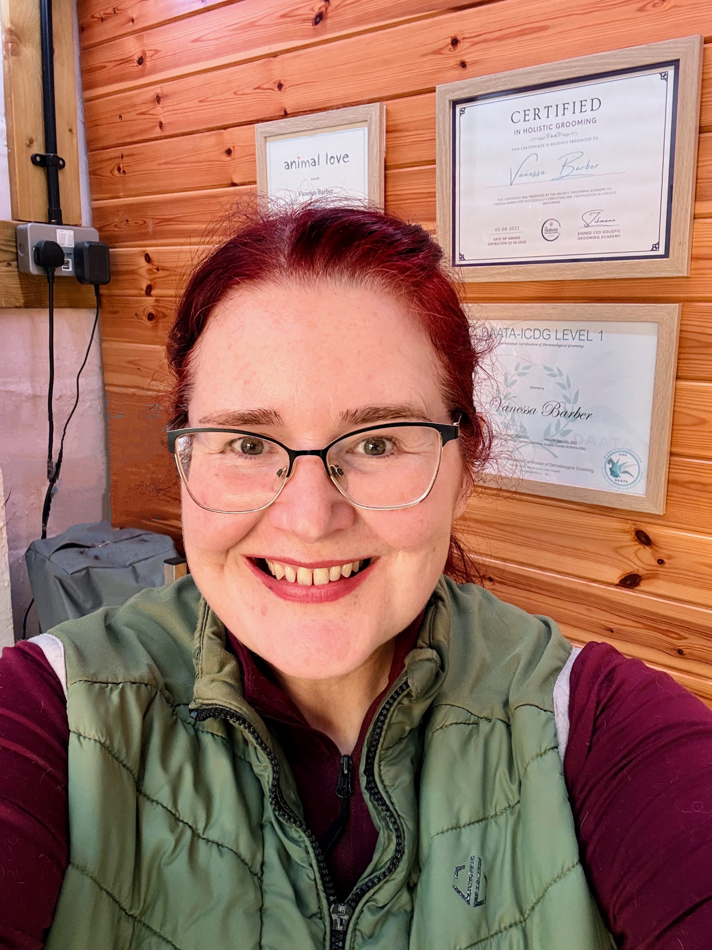 Groomer calmly working with an elderly dog in a low-stress environment