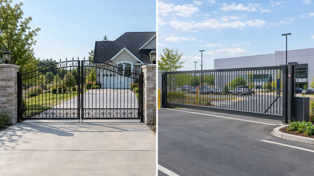 Side-by-side comparison of a residential swing gate and a commercial slide gate entrance