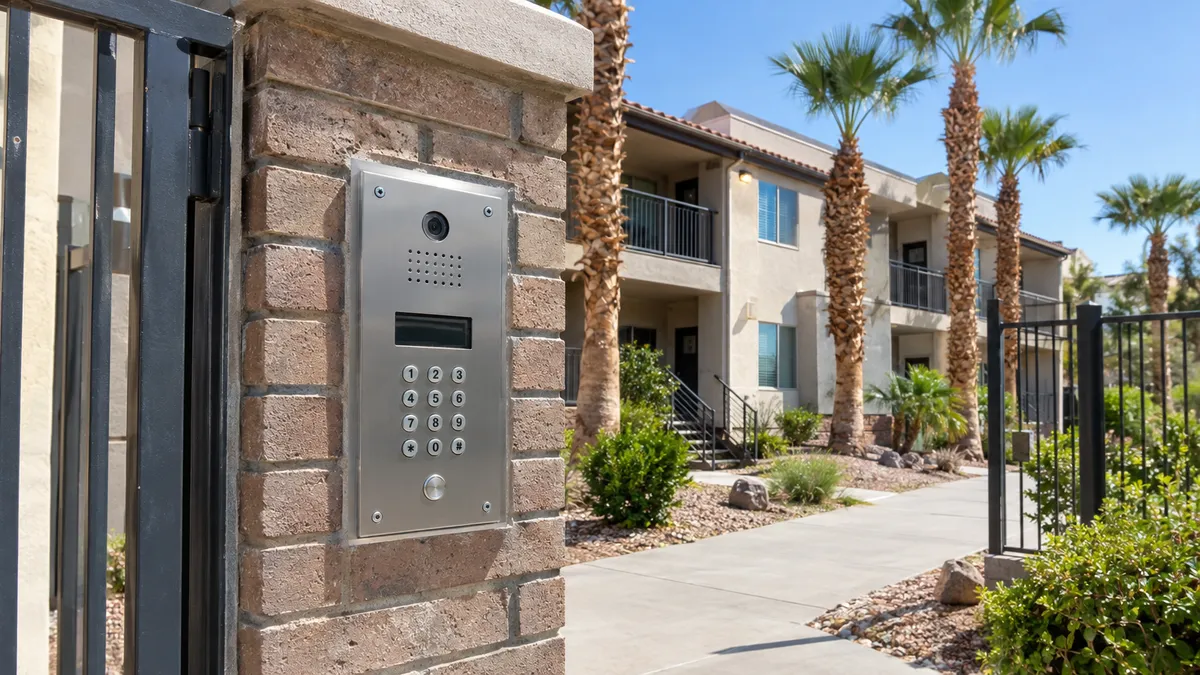 Telephone entry system panel at the entrance of a small apartment building
