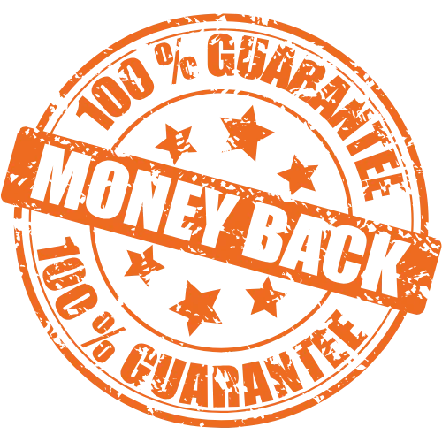 Narančasti pečat sa natpisom „100% MONEY BACK GUARANTEE“ na crnoj pozadini, koji znači da ukoliko klijentima ne otvorimo LLC firmu ili ne obezbedimo američki bankovni račun i Stripe, vraćamo ceo iznos.