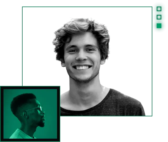 Two smiling young men, one with curly hair and a t-shirt, and another in profile with glasses, showcasing Frayze’s automation benefits for small businesses.