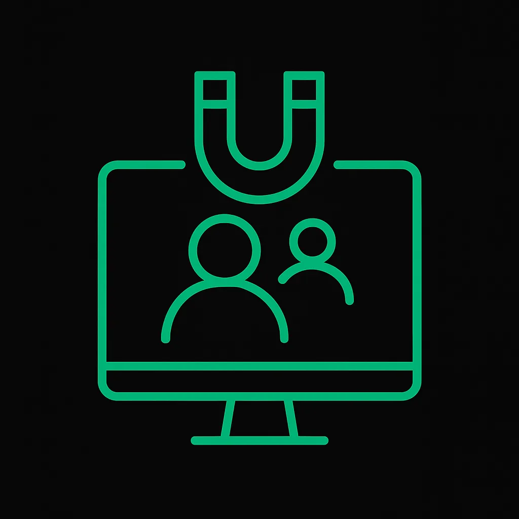 Illustration of a computer screen with two user icons and a magnet above, symbolizing automated lead capture and engagement for small businesses.