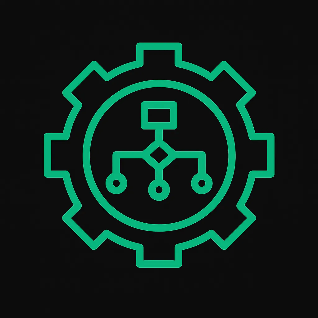Green gear icon with a network flowchart, representing automation and business processes, relevant to Frayze's AI-driven lead generation and automation solutions.