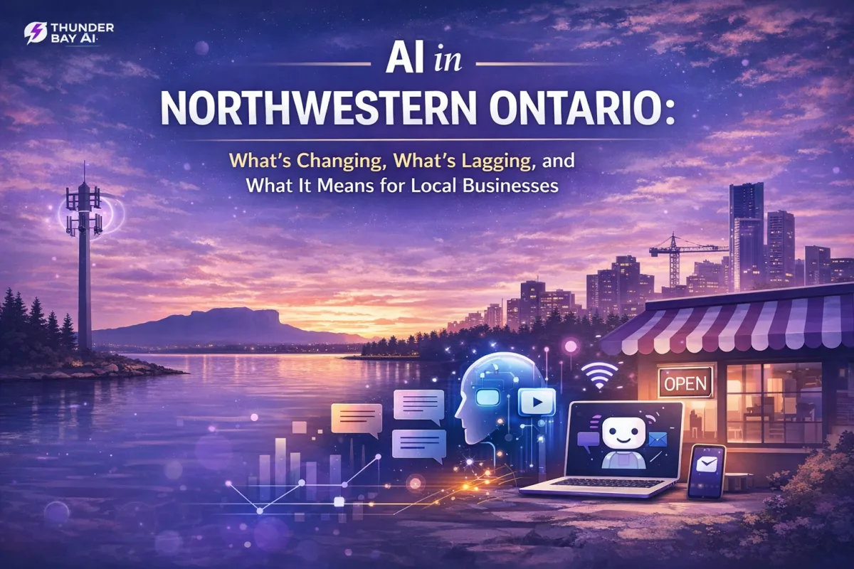 AI in Northwestern Ontario cover image showing Thunder Bay skyline with purple tech overlay, AI automation, and local business systems