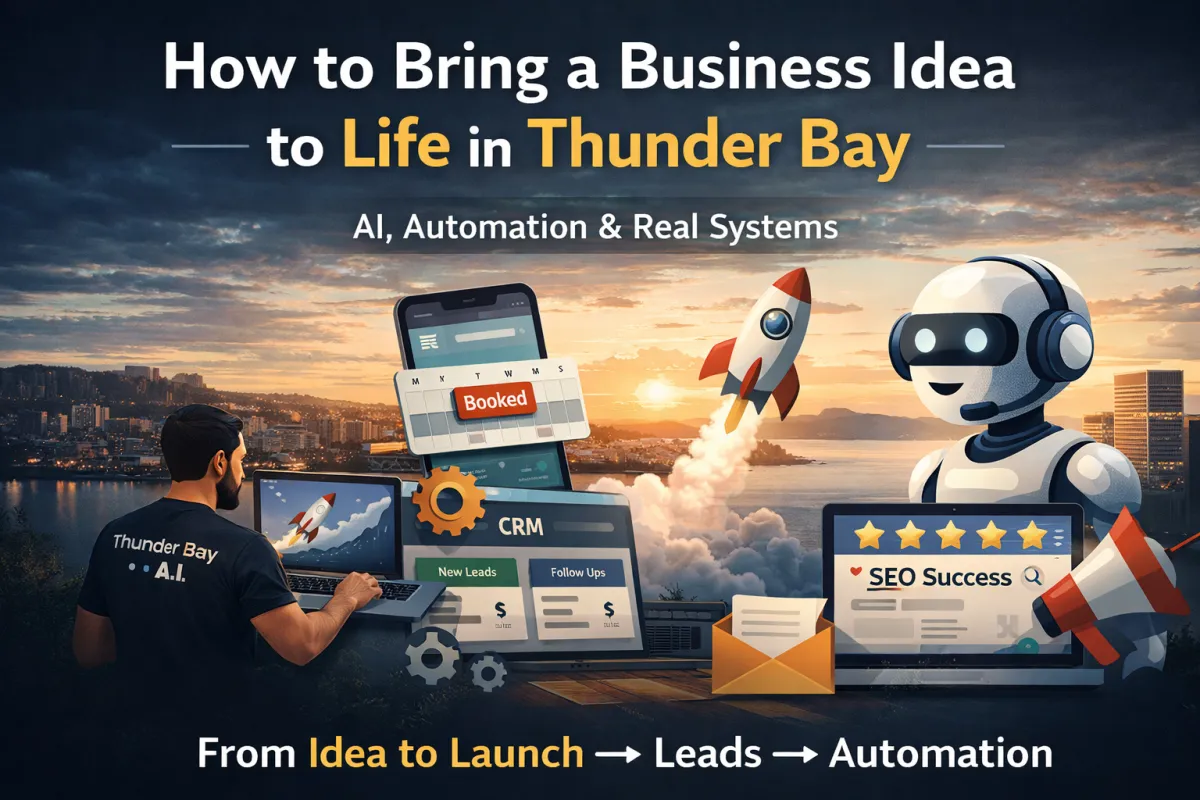 Professional illustration of a Thunder Bay business using AI tools, CRM systems, and automation to launch and grow, featuring lead capture, scheduling, and SEO success elements.