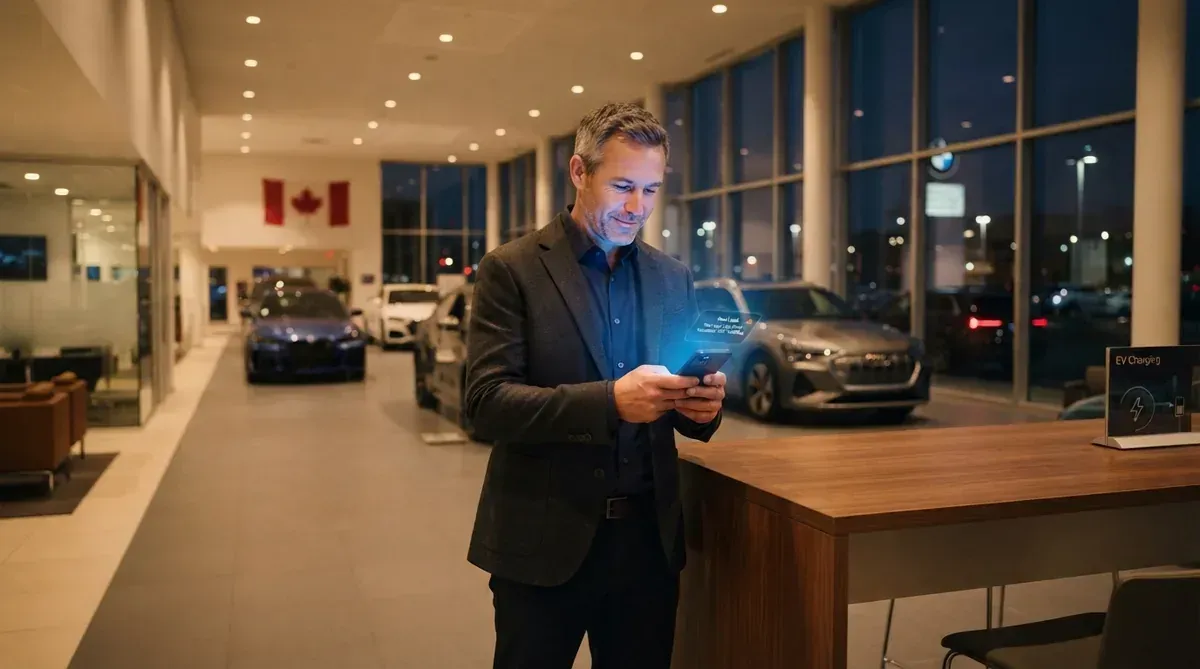 A dealership manager in a Canadian car showroom at dusk responding to an incoming customer lead on a smartphone