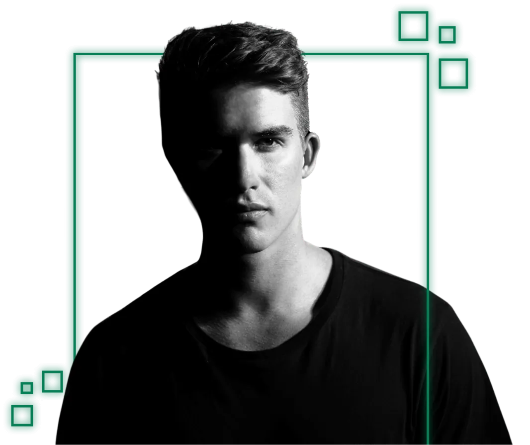 Young man in a black shirt with a serious expression, framed by a green geometric design, representing innovation and technology in AI and automation for small businesses.