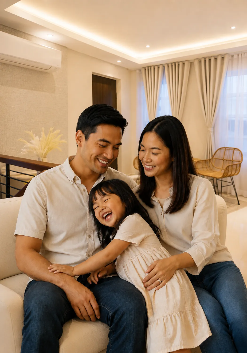 A smiling family of three sitting together on a light-colored sofa in a modern, brightly lit living room.