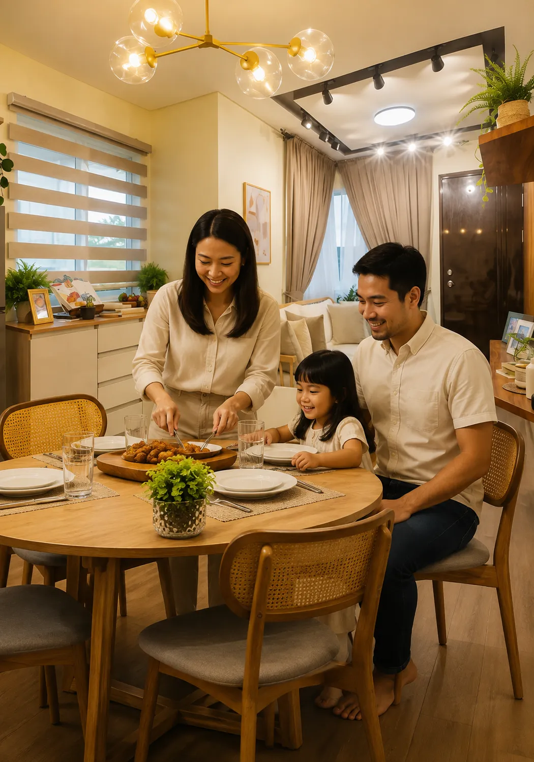 A family of three enjoying a meal at a round dining table in a modern kitchen/dining area with warm lighting and wooden accents.