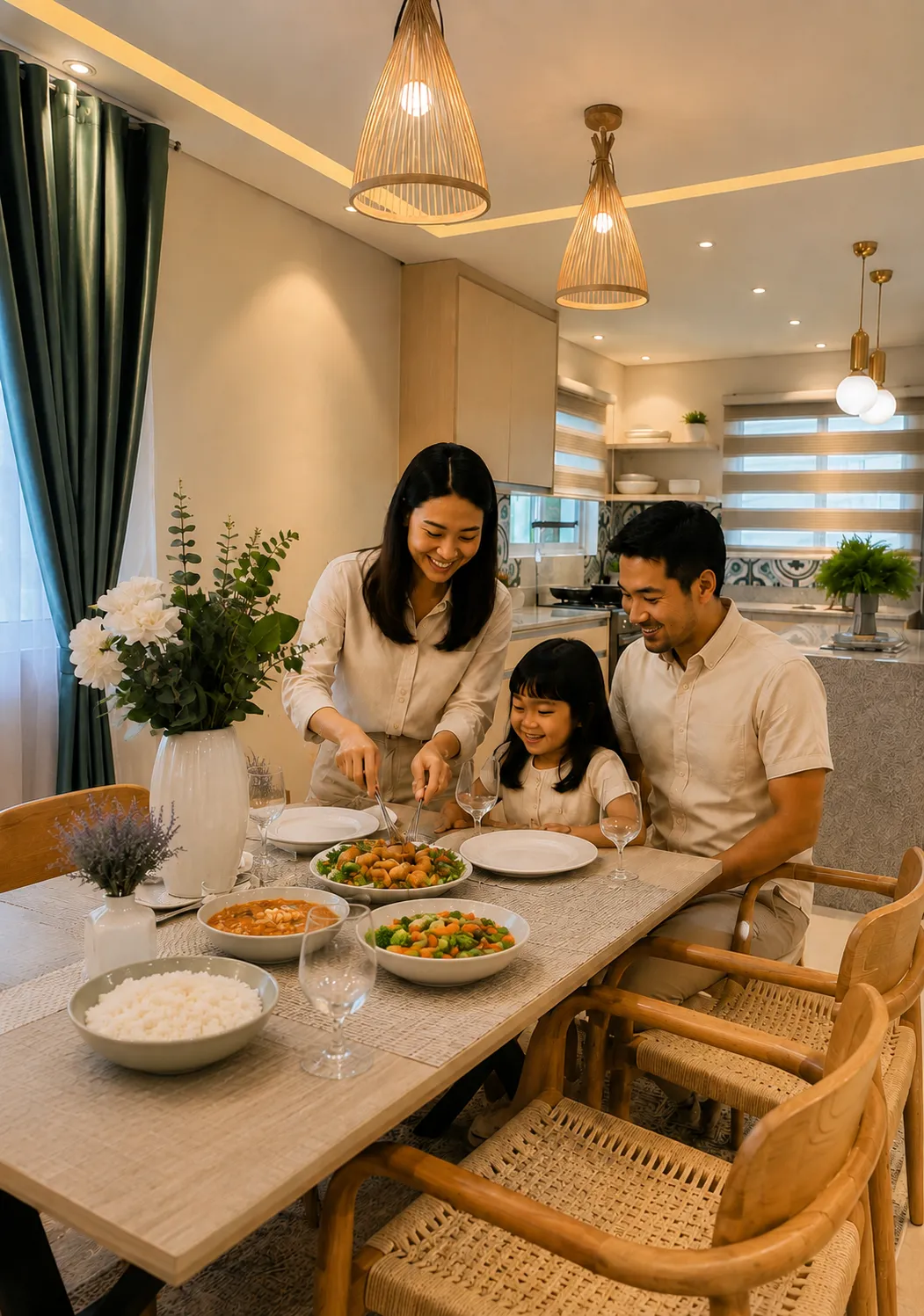Family enjoying a meal together inside the Brooke House at La Riviera