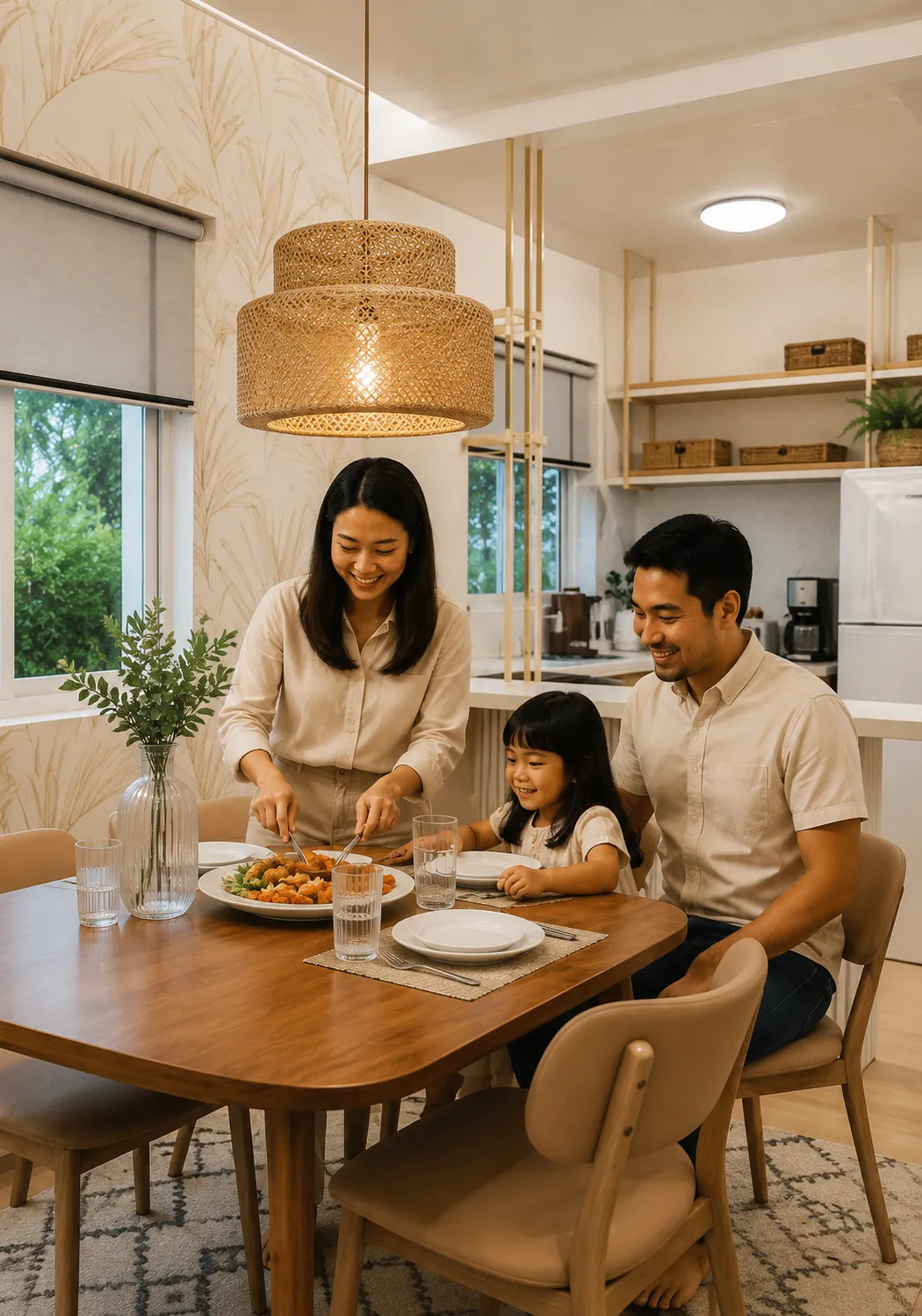 Family enjoying a meal together inside the Brooke House at La Riviera