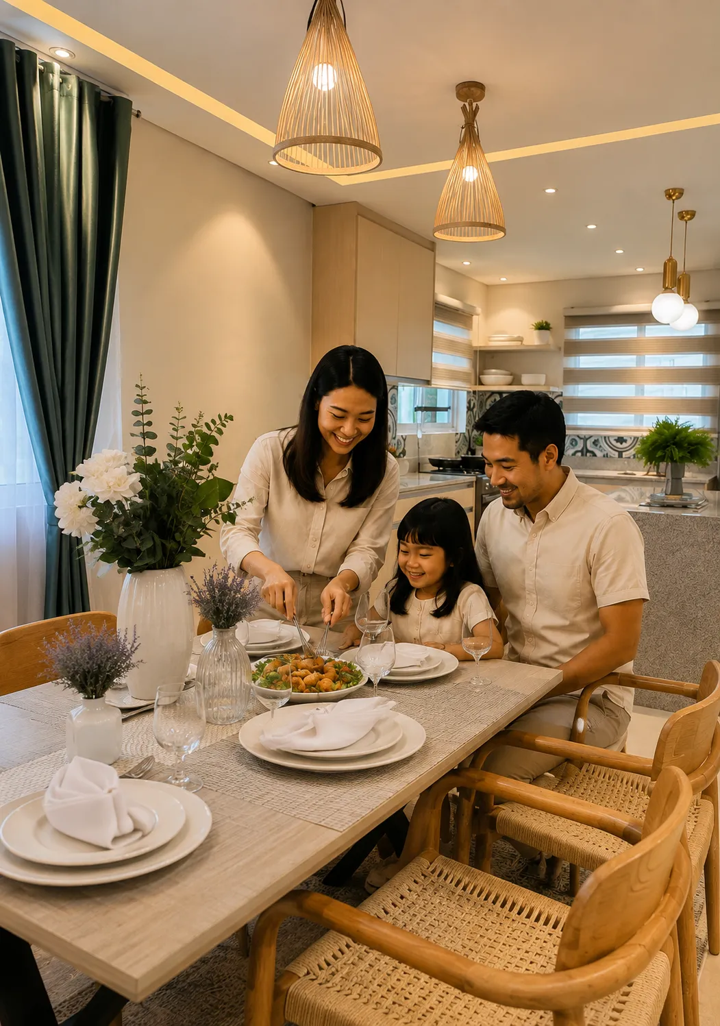 Family enjoying a meal together inside the Brooke House at La Riviera