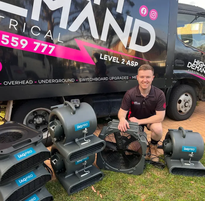 High Demand Restoration technician with professional air movers and drying equipment for water damage restoration in Sydney.