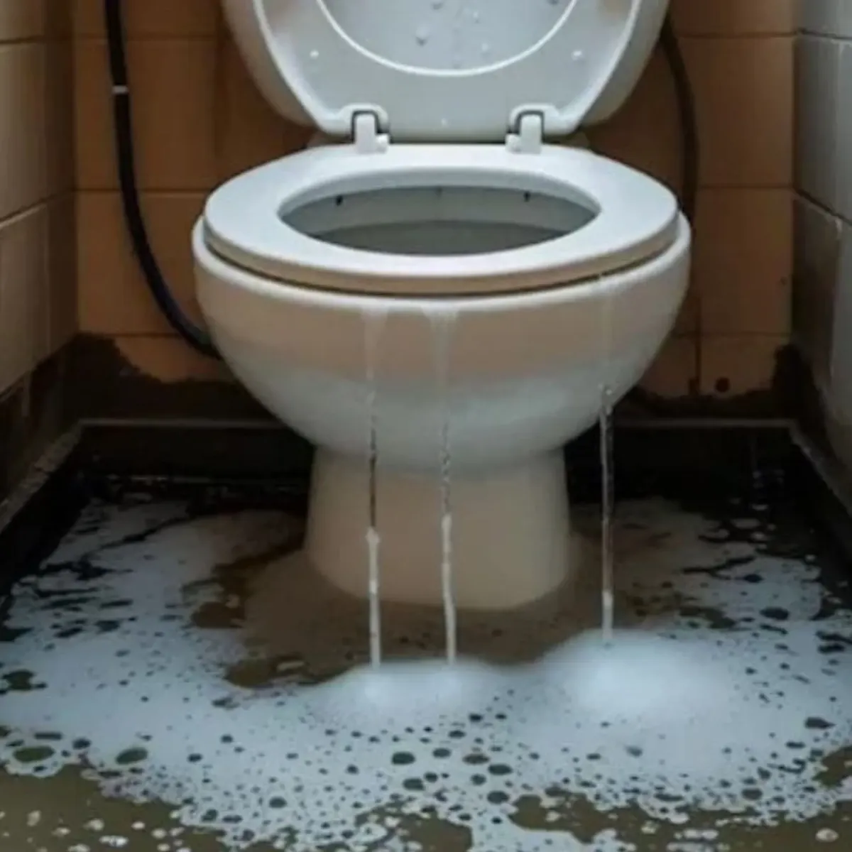 Overflowing toilet with dirty water in bathroom