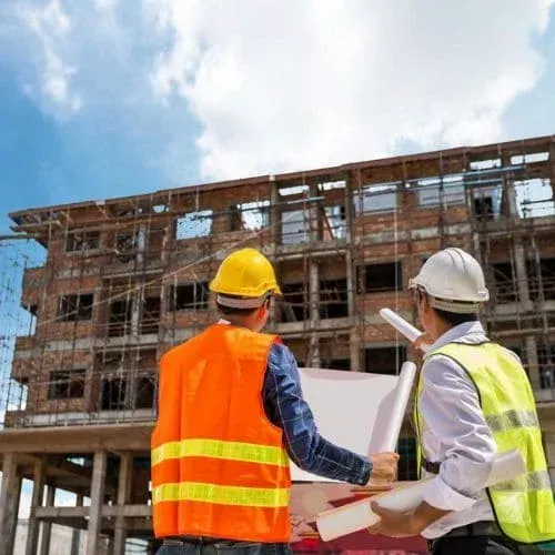 Builders in safety vests reviewing blueprints at construction site.