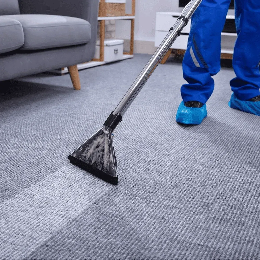 Professional cleaning technician steam cleaning a carpet in a living room