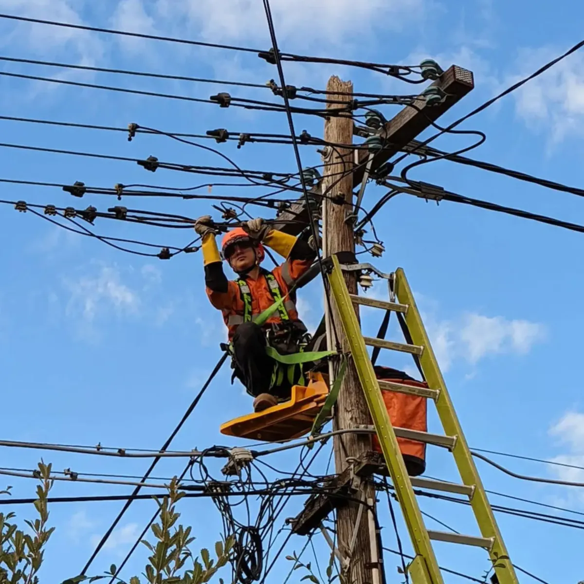 Electrician performing overhead line maintenance on a power pole, representing High Demand Restoration’s safe and reliable electrical restoration and rewiring services.